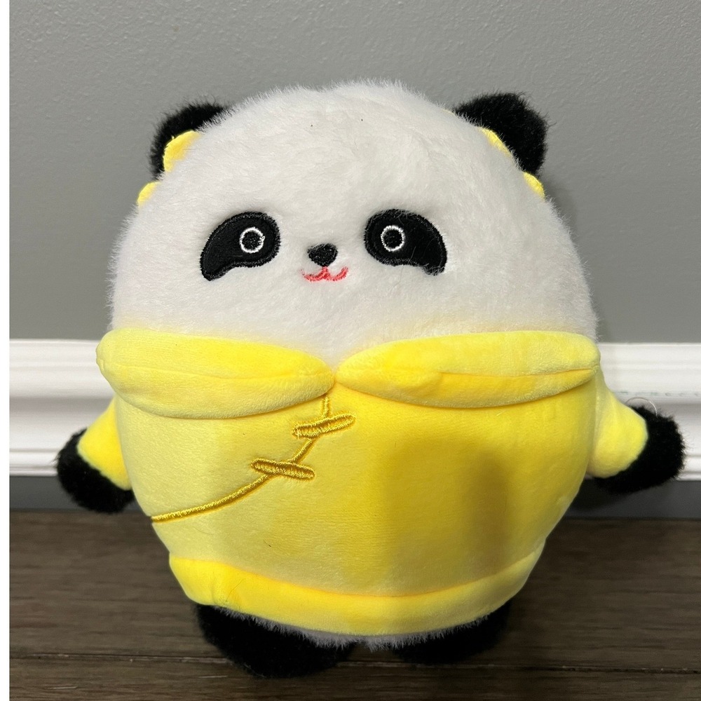 Kawaii Panda Plush Toy Yellow Outfit Gold Embroidery Stuffed Animal 8" Small